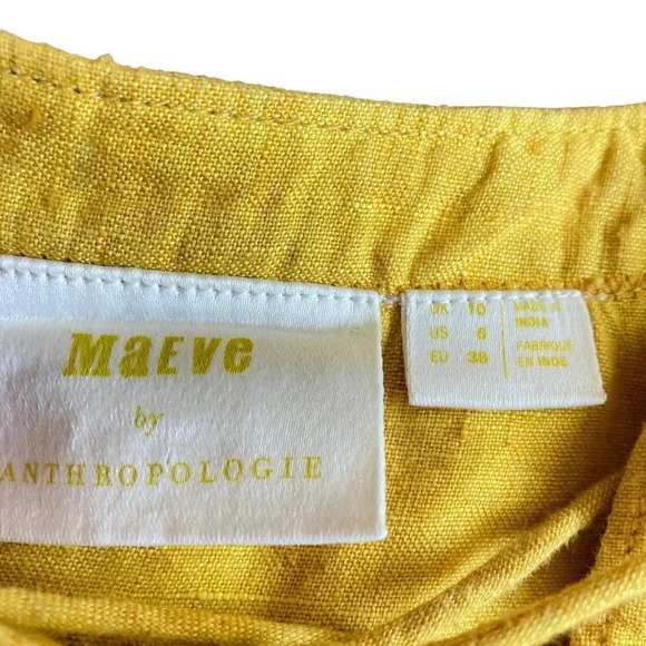Maeve Anthropologie Linen Top, Size 6, Marva Mustard Yellow Gold Lace-up Neck - Picture 6 of 11
